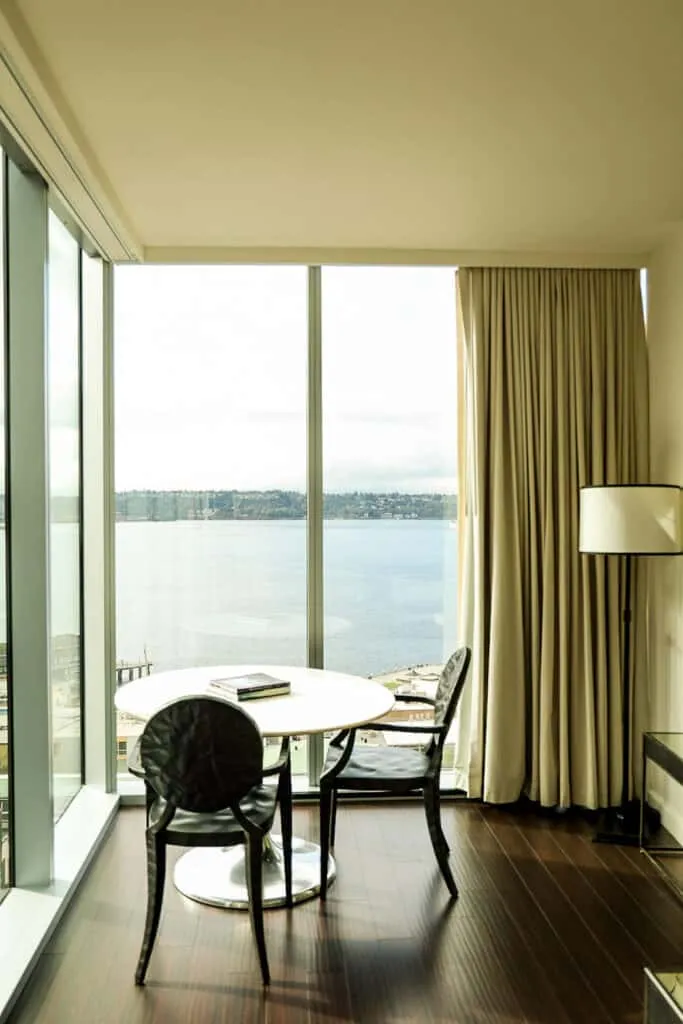 View of the Puget Sound and downtown Seattle skyline from the Thompson Hotel