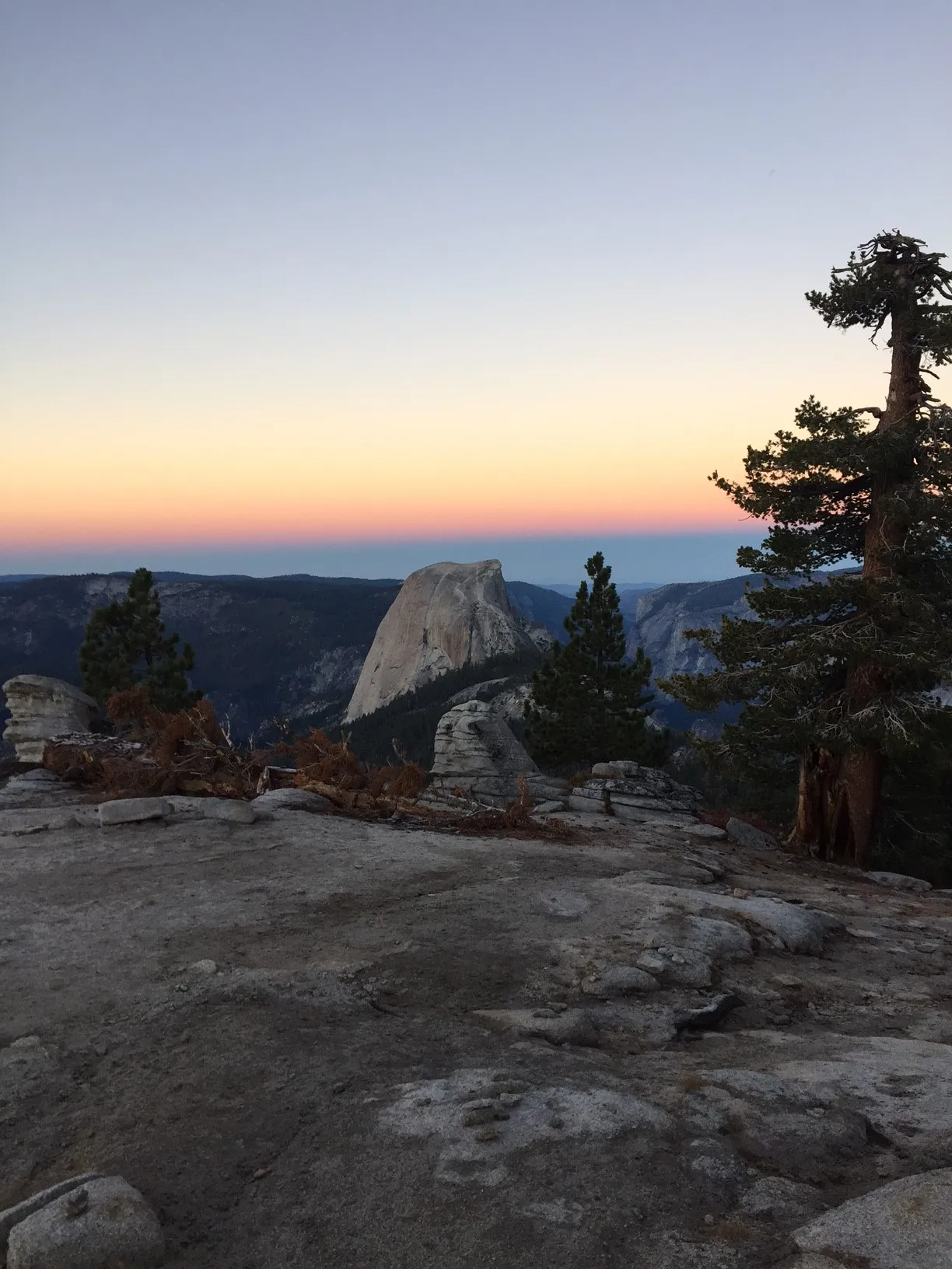 View of Yosemite Valley from a high vantage point, Half Dome visible