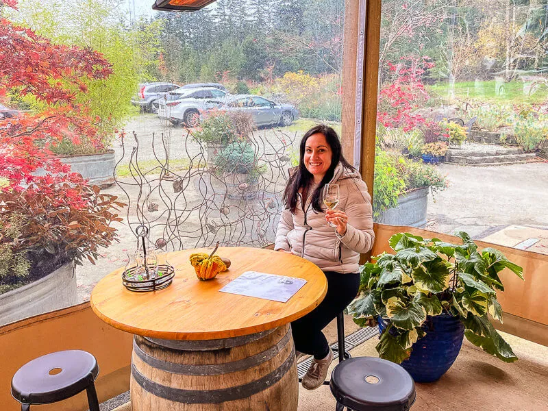 Vineyard rows with wine bottles in front on Bainbridge Island