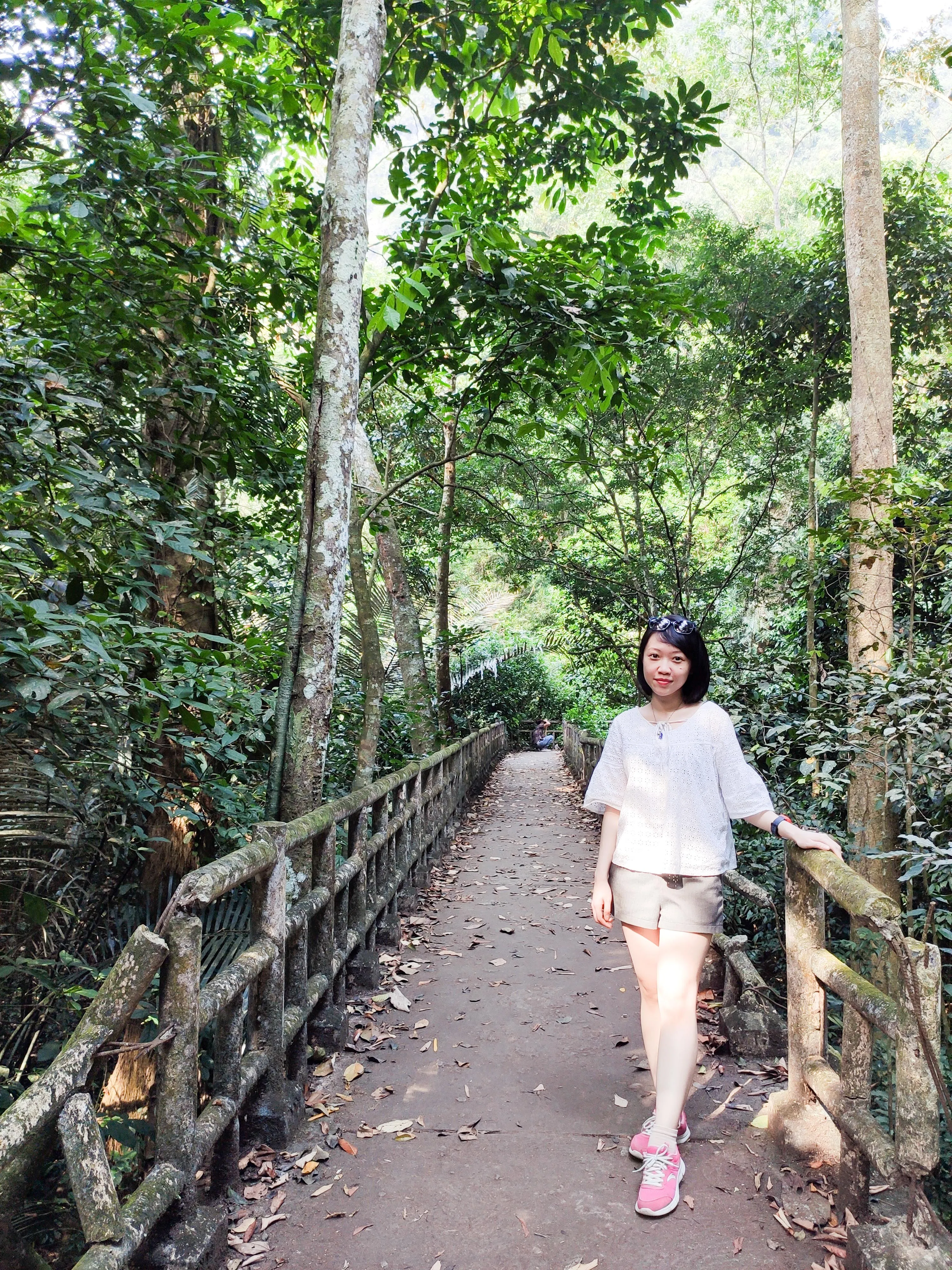 Walking along a shaded path through a dense, green forest in Cuc Phuong National Park