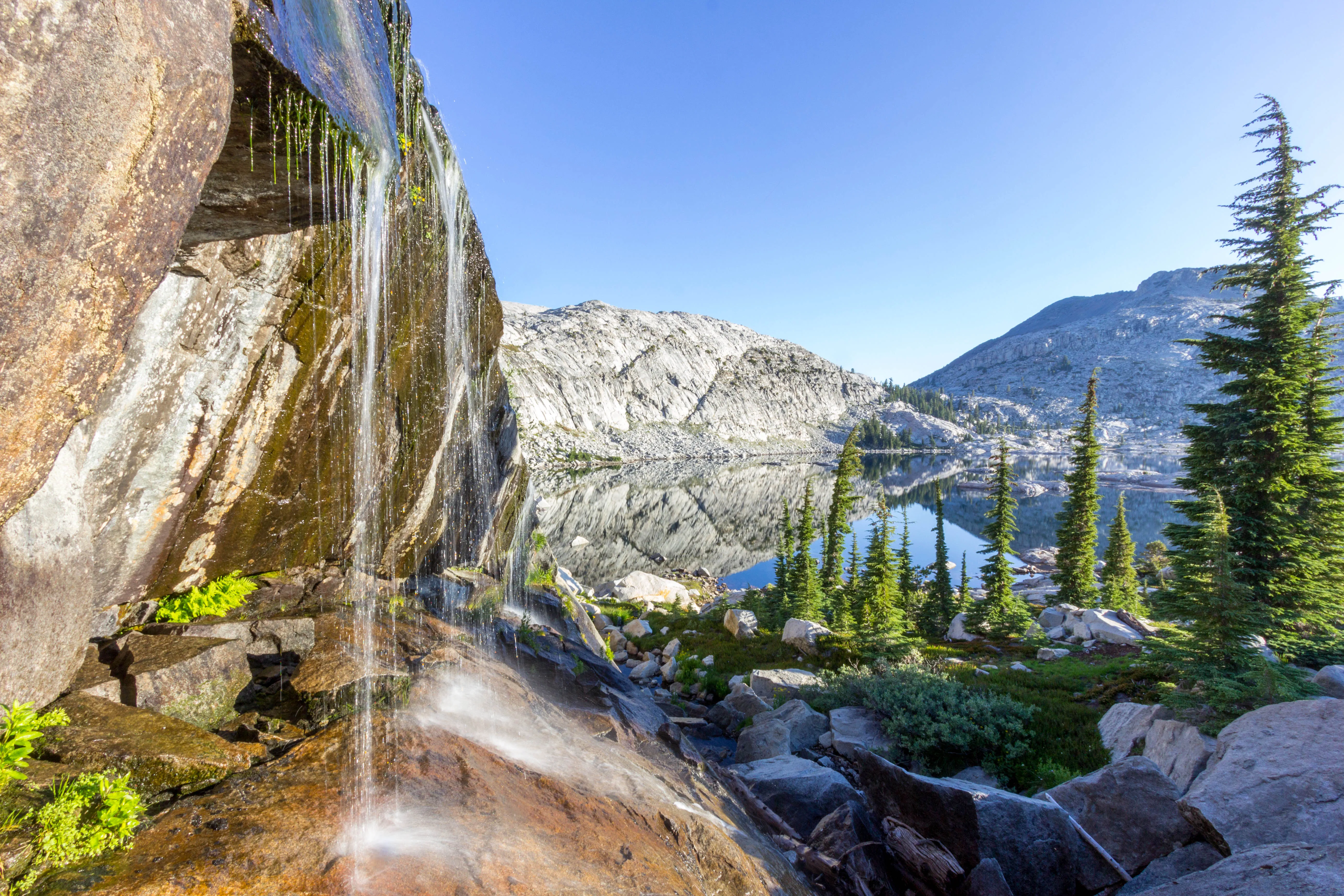 Waterfalls cascading down rocky slopes in Desolation Wilderness