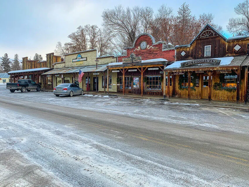 Western-themed storefronts and boardwalk in downtown Winthrop
