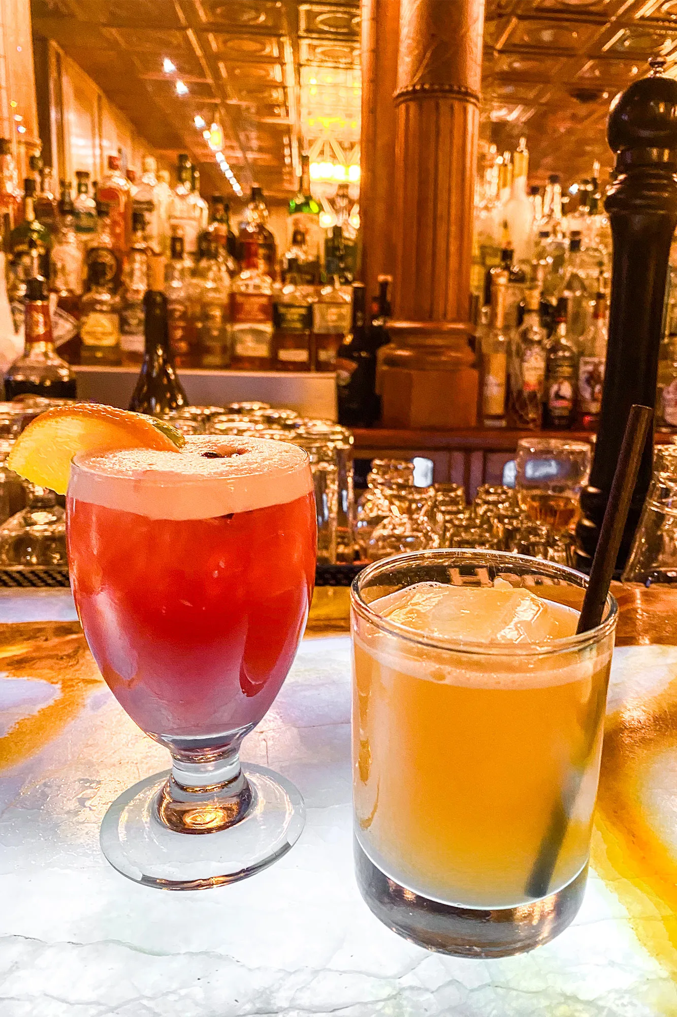 Whiskey drinks on the bar counter at the Cascades Restaurant Bar in the historic Stanley Hotel, Estes Park