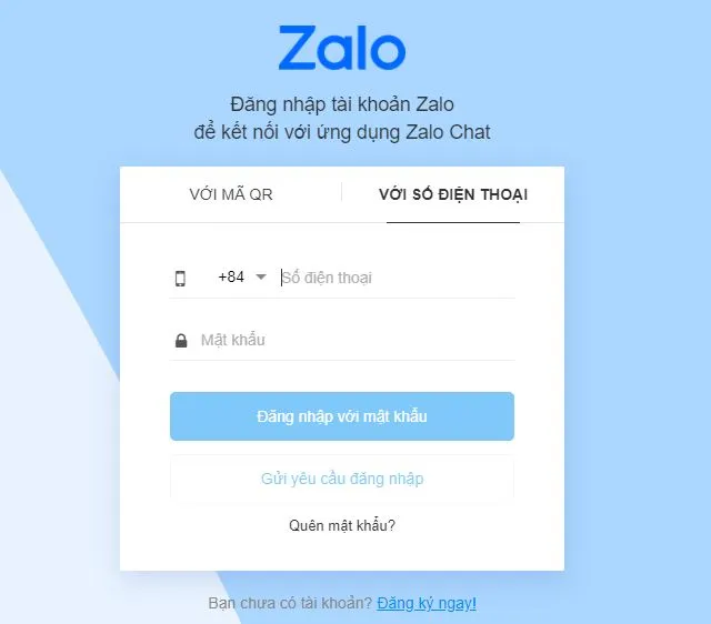 Zalo Web login screen for phone number and password entry
